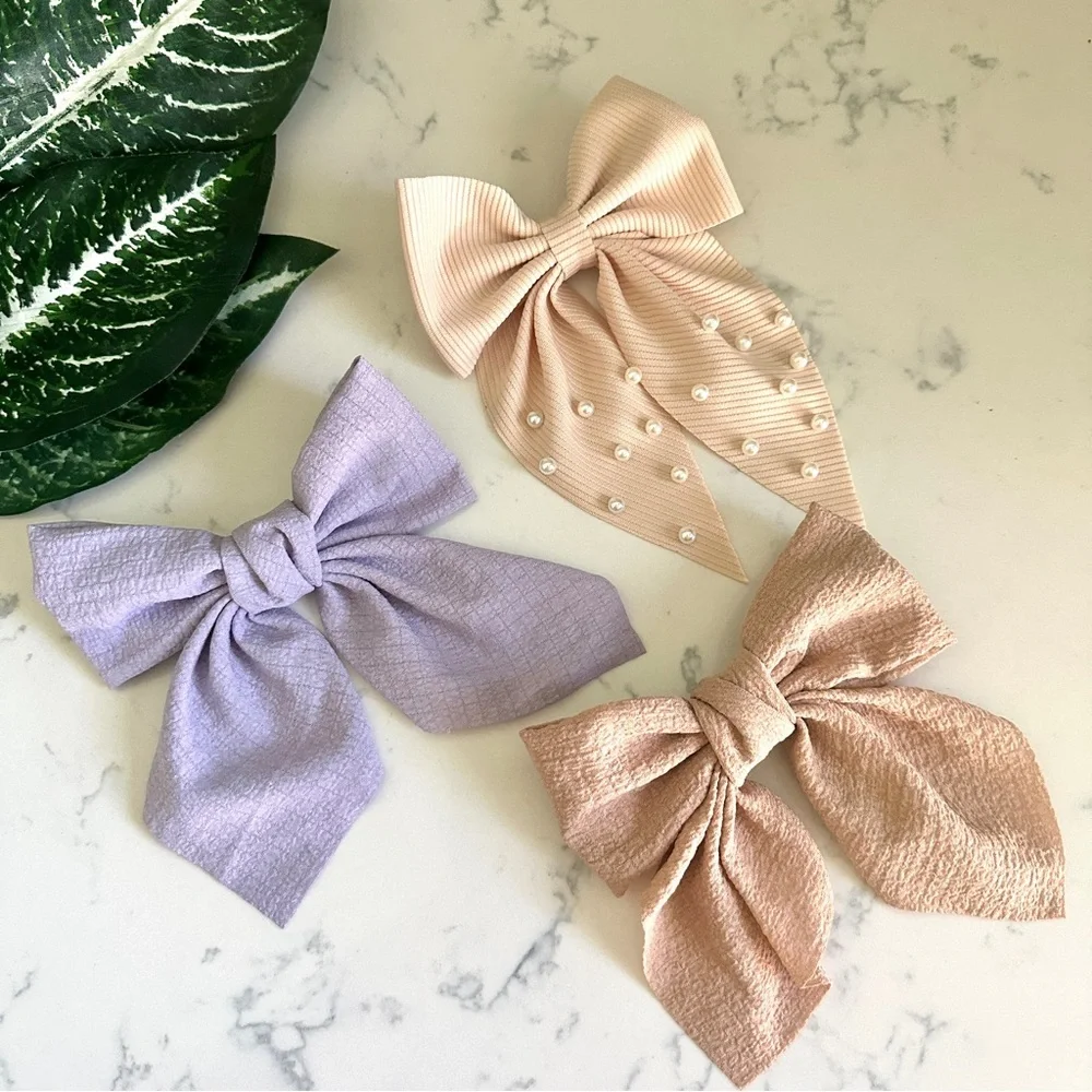 3/$22🩶 Blush Lilac Beige Faux Pearl Bow Barrette Hair Bow Accessories NEW